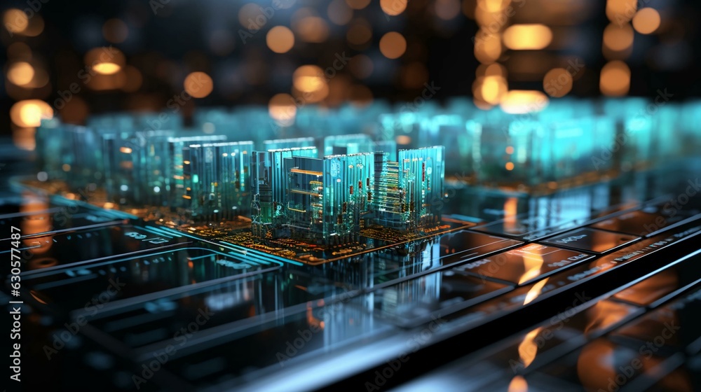 Poster computer futuristic high tech circuit board with microcircuits and electronic chips with transistors