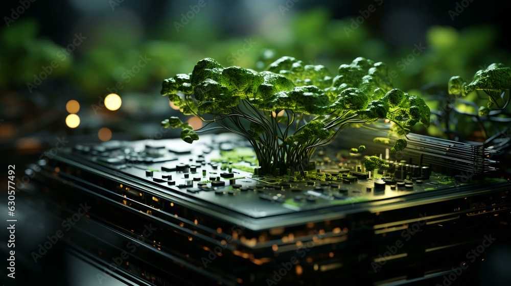 Poster green plants and grass on a computer board with microchips and microchips transistors and resistors.