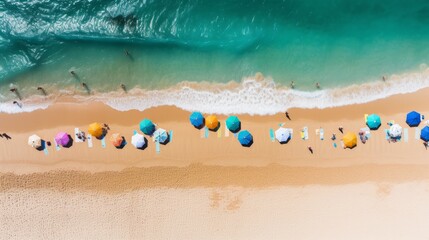 Fototapeta na wymiar Aerial photo of a crowded beach with colourful umbrellas and people enjoying the sun created with Generative AI technology