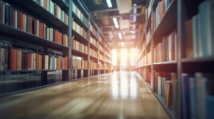 Fototapeta premium Large library with many books and bookshelves for learning with knowledge. AI generated