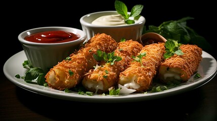 Delicious cheese sticks with sauces on a plate. Street food, beer snacks. AI generated
