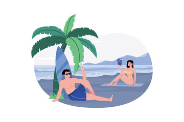 Obraz na płótnie Canvas Young people are resting on the seashore Illustration concept on white background