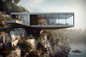 Nordic stone cliff home made of glass and concrete brutal architecture