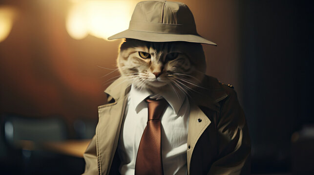 Detective inspector cat with hat cute little