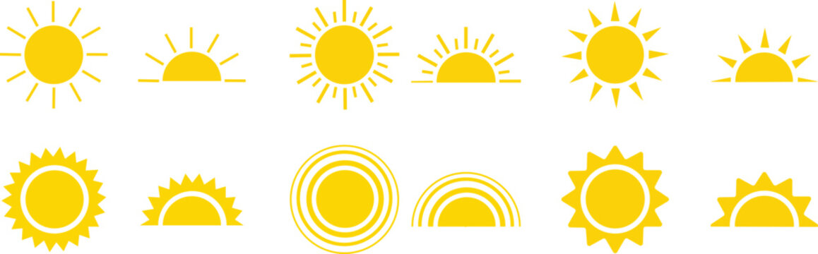 yellow sun icons set, sunshine and solar glow, sunrise or sunset. Decorative circle full and half sun and sunlight. Hot solar energy for tan. sun icon on white background.
