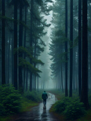 Fototapeta premium A man walking in the woods after rain.