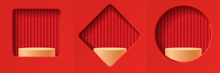 Set of red abstract 3d minimal geometric backdrops