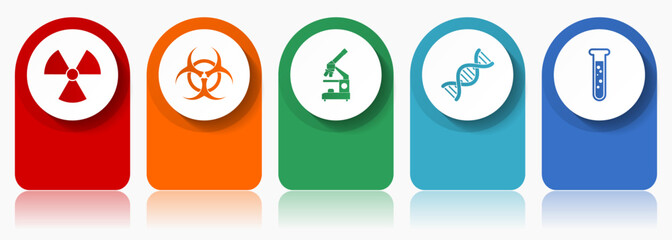 Science icon set, flat design miscellaneous colorful icons such as radiation, biohazard, microscope, dna and test tube for webdesign and mobile applications, infographic vector template in eps 10