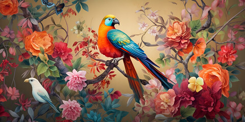 wallpaper branches palm tree plants a painting of a parrot illustration with bird flower
