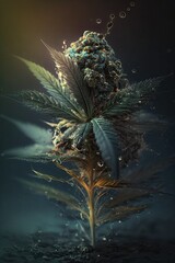 Cannabis leaves. Green and purple cannabis foliage. Leaves of marijuana plant on black background. An artistic photograph of medical hemp cannabis.