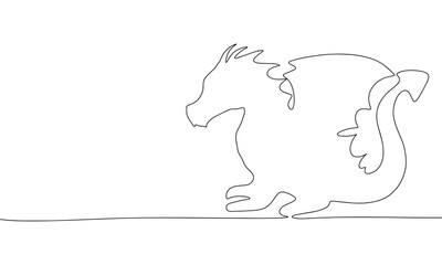 Silhouette of dragon. One line continuous concept banner with symbol 2024 year. Outline, line art, vector illustration.