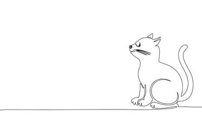 Silhouette of cute little cat. One line continuous concept banner with kitty pet. Outline, line art, vector illustration.