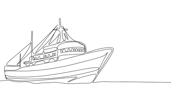 recommend clip art: Silhouette of fish ship. One line continuous concept banner with fish boat. Outline, line art, vector illustration.