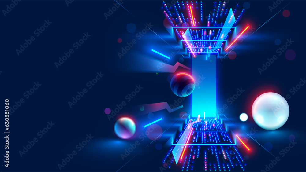 Aufkleber Abstract door in tunnel with digital data center light signals. Future computer technology concept of cyber gate in cyberspace or metaverse. Fantasy cyber door or portal in data center. Tech banner.