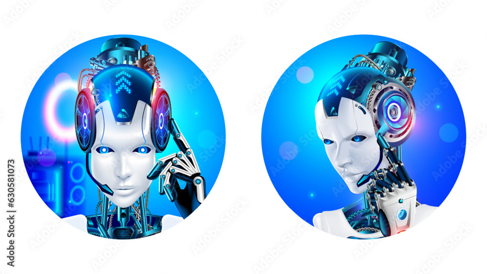 Poster Avatar robot woman gpt chatbot. Round icon of face of AI in image humanoid female cyborg. Logo of chat bot of online technical support. headset with microphone on head artificial intelligence chatbot
