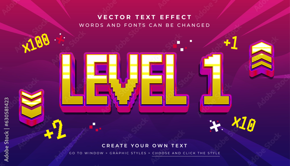 Aufkleber vector editable 3d game level text effect. game start space graphic style on purple blue background