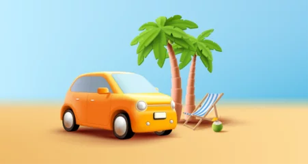 Zelfklevend Fotobehang Summer road trip to the beach on yellow 3d car, palms and beach chair with coconut cocktail, render digital illuatration © marynaionova