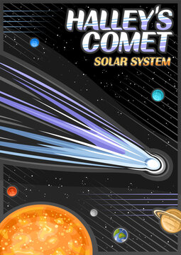 Vector poster for Halley's Comet, vertical astronomical leaflet with illustration of shooting ice comet, cosmo print with sun and planets, words halley's comet, solar system on black starry background