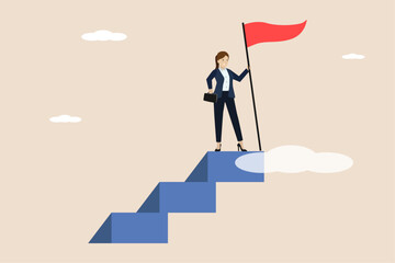 Business success, business target or business goal, business woman standing at the edge of success ladder and holding success flag.