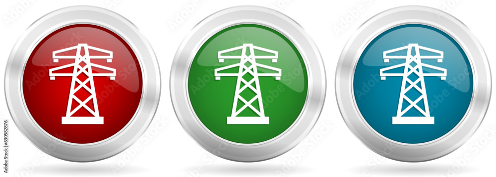Poster power, energy tower vector icon set. red, blue and green silver metallic web buttons with chrome bor