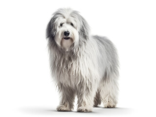 Old English Sheepdog, a large dog with a long gray tail and a body with white fur. This dog has very long fur that covers both the face and eyes. Generative AI. Illustration.