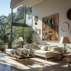 The interior of the living room is elegant and modern, French style, simple design.