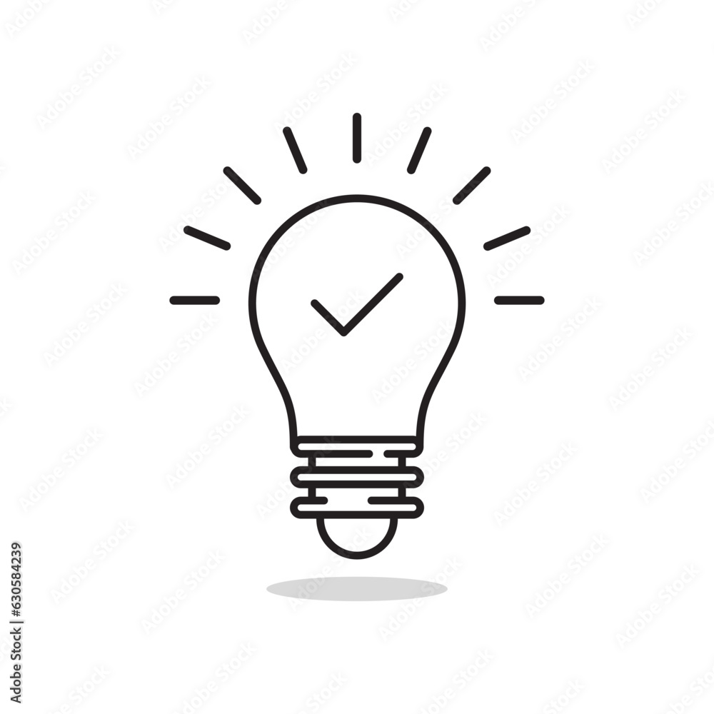 Poster thin line black light bulb with checkmark. simple lineart style trend modern development logotype gr