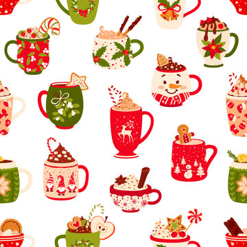 Christmas chocolate and eggnog drinks seamless pattern. Festive cups and mugs of hot beverages vector background, winter holiday cocoa, egg nog and coffee with whipped cream, cinnamon and Xmas cookie