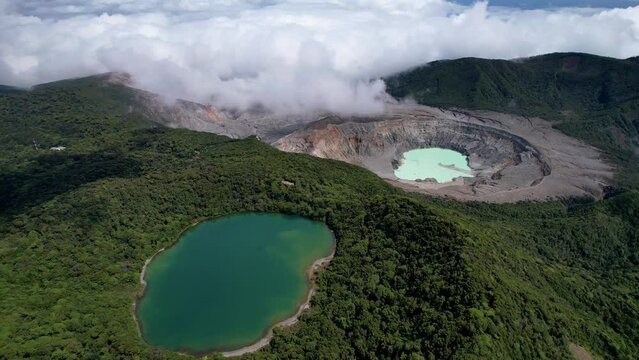 Beautiful aerial view of the Poas Volcano crater and lagoon in the National Park in Costa Rica
