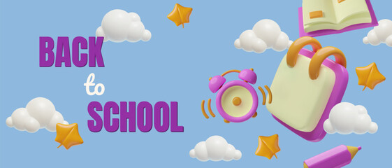 Obraz premium 3D Autumn School Time Horizontal Banner Design with three dimensional plastic stationery and cloud