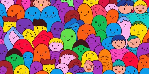 Fototapeta premium Diverse colorful people crowd seamless pattern illustration. Multi color rainbow cartoon characters in funny children doodle style. Friendly community, Generative AI