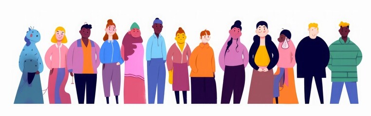 Fototapeta premium Diverse colorful people crowd character set. Modern young person group collection. Different multicolor person team, business staff worker or student community, Generative AI