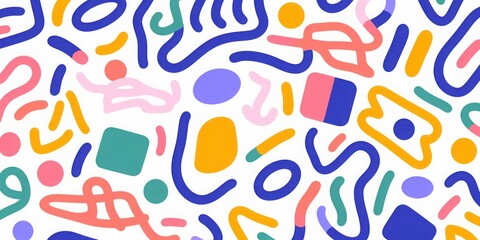 Fun colorful line doodle seamless pattern. Creative minimalist style art background for children or trendy design with basic shapes.Simple party confetti texture, childish scribble shape,Generative AI