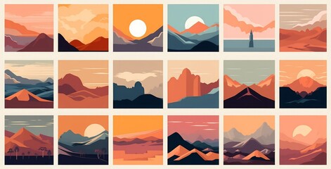 Big set of abstract mountain landscape banner collection. Trendy flat art style backgrounds of diverse vintage travel scenery. Nature environment, winter biome, multicolor hills, desert, Generative AI