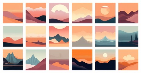 Big set of abstract mountain landscape banner collection. Trendy flat art style backgrounds of diverse vintage travel scenery. Nature environment, winter biome, multicolor hills, desert, Generative AI