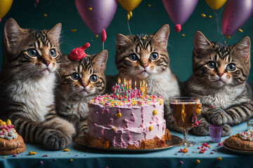 Multitude of cats coming together for a joyous celebration, complete with cake, balloons, and festive decorations, evokes a sense of lightheartedness and happiness.
