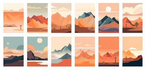 Naklejka premium Big set of abstract mountain landscape banner collection. Trendy flat art style backgrounds of diverse vintage travel scenery. Nature environment, winter biome, multicolor hills, desert, Generative AI
