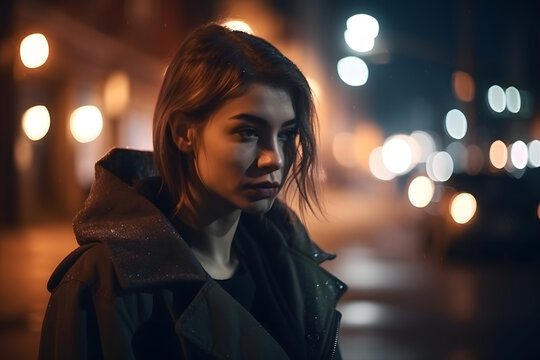 cinematic portrait of stranger on night street in thriller style, neural network generated photorealistic image