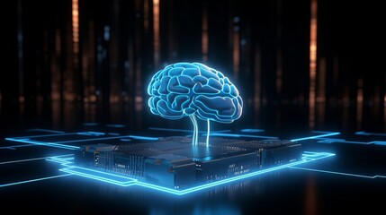 Obraz premium Futuristic Artificial Intelligence Technology Concept with Computer Generated Brain and Glowing Lights, Generative AI