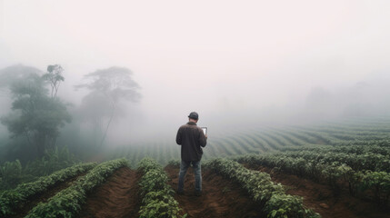 A male stand holding ipad checking coffee field on a high hill in the morning fog. Generative Ai