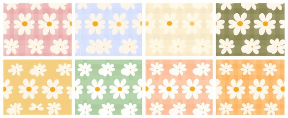 Trendy floral seamless pattern illustration set. Vintage 70s style hippie flower background collection. Geometric pastel color checkered artwork, y2k nature backdrop with daisy, Generative AI