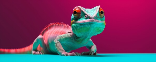 Cute HD Lizard on Vibrant Green and Red Background with Tropical Leaves, Copy Space, Generative AI
