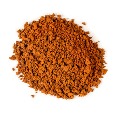 A pile of instant coffee on a white background. Instant coffee powder close-up.