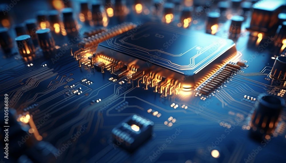 Poster futuristic technology background with electrical circuit board and copy space, generative ai