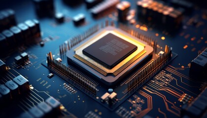 Fototapeta na wymiar High-Tech Digital CPU Circuit Board Background with Electronic Equipment and Copy Space, Generative AI