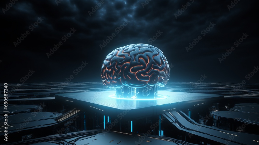 Poster futuristic techno brain - abstract background with digital circuitry and glowing neural connections,