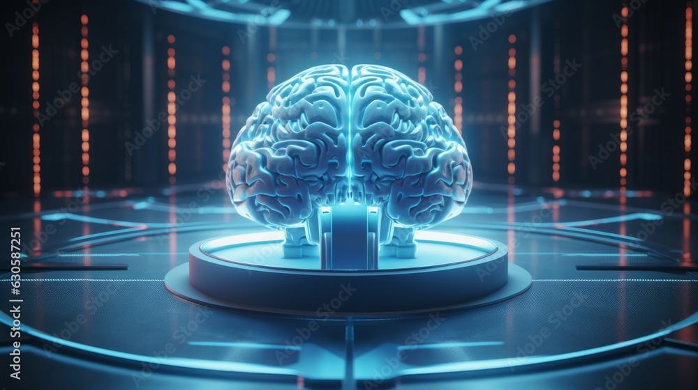 Poster futuristic techno brain - abstract background with digital circuitry and glowing neural connections,