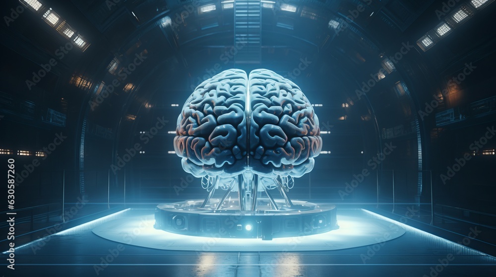 Poster futuristic techno brain - abstract background with digital circuitry and glowing neural connections,