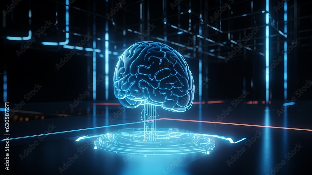 Poster futuristic techno brain - abstract background with digital circuitry and glowing neural connections,