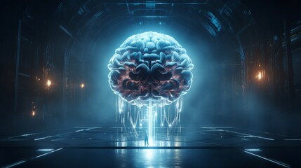 Obraz premium Futuristic Techno Brain - Abstract Background with Digital Circuitry and Glowing Neural Connections, Generative AI